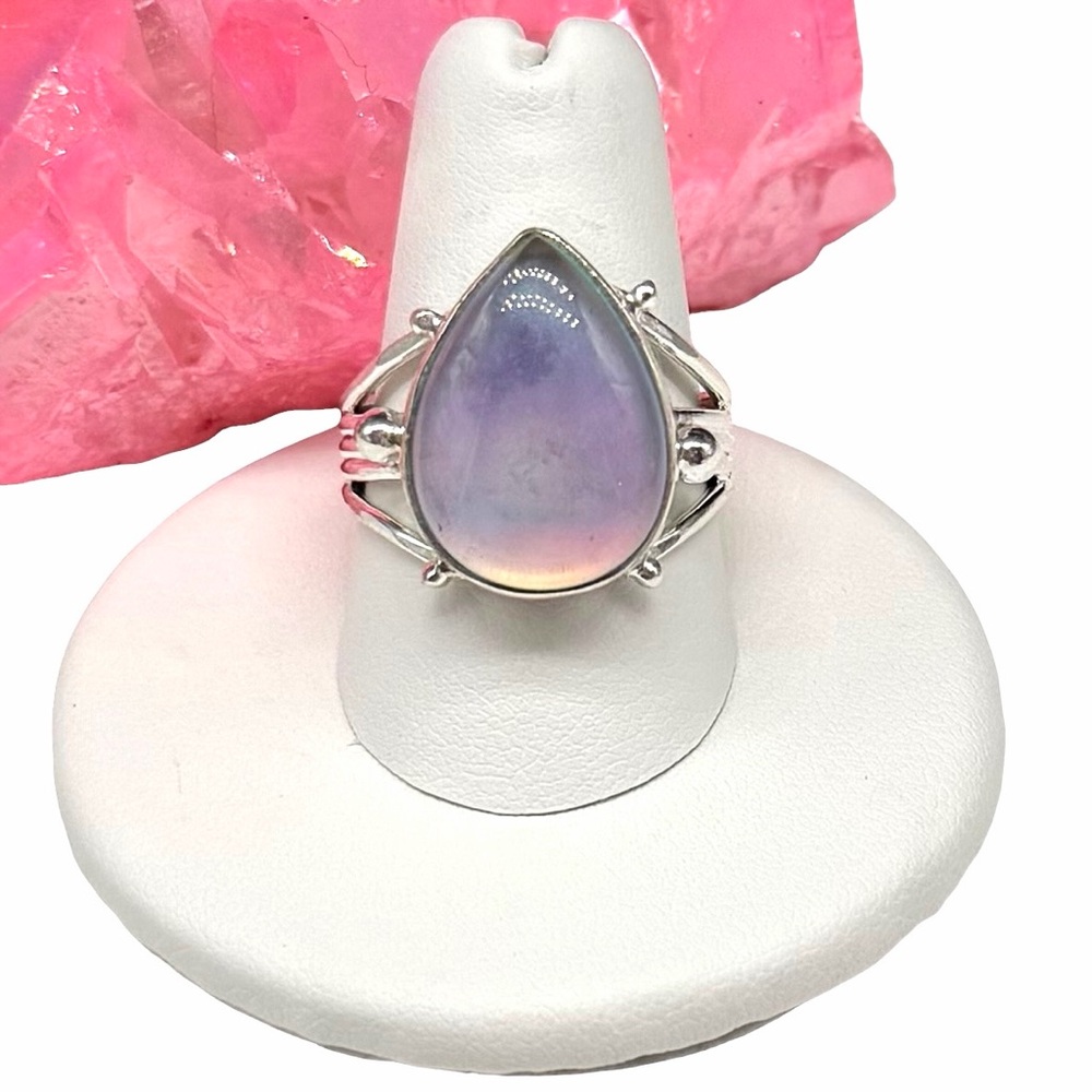 Aurora Fire Opal Ring Size 9 Solid 925 Sterling Silver Aura Iridescent Teardrop